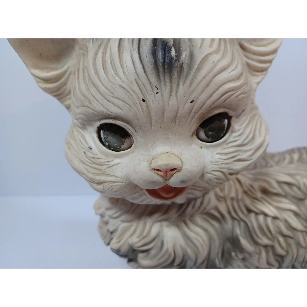 Vtg 1960 Edward Mobley Cat Rubber Toy Gray Long Haired Eyes Open Close Poseable